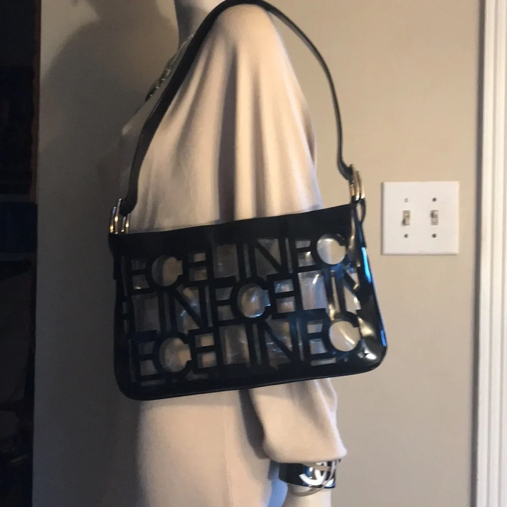 Vintage Celine Translucent Black Patent Leather Laser Cut Out Logo Shoulder Bag
